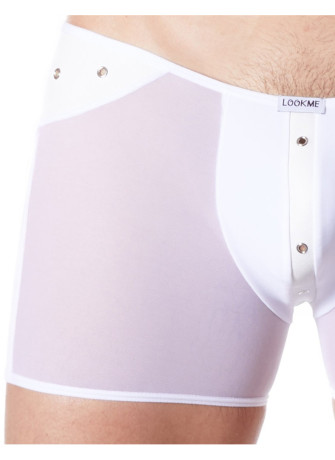 Boxer blanc sexy maille transparente et bande style cuir - LM807-67WHT